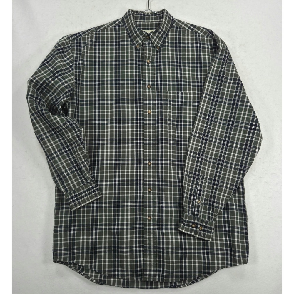 Eddie Bauer Mens Tall M Green Navy Plaid Cotton Button Down Shirt Long Sleeve